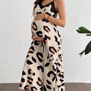 Multicolor Casual Women's Loose Maternity Leopard Print Camisole V-Neck Dress
